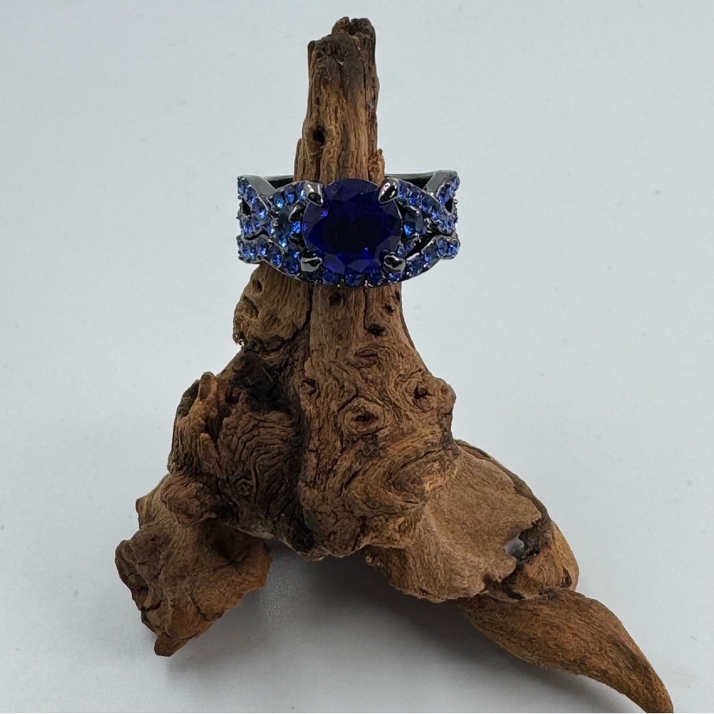 Engagement Ring Set Blue Stone Ring and Matching Band Unique Costume Size 7